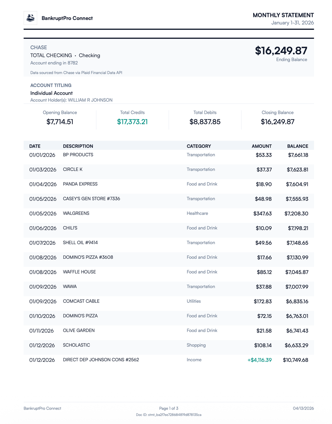 Court-ready bank statement bundle exported as PDF
